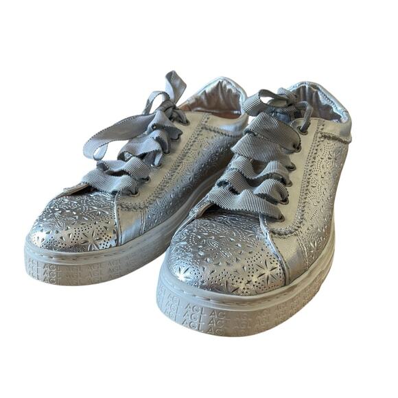 AGL Sade Spring Sneaker in Silver Leather Size 40.5/ US 10.5 - Picture 1 of 8